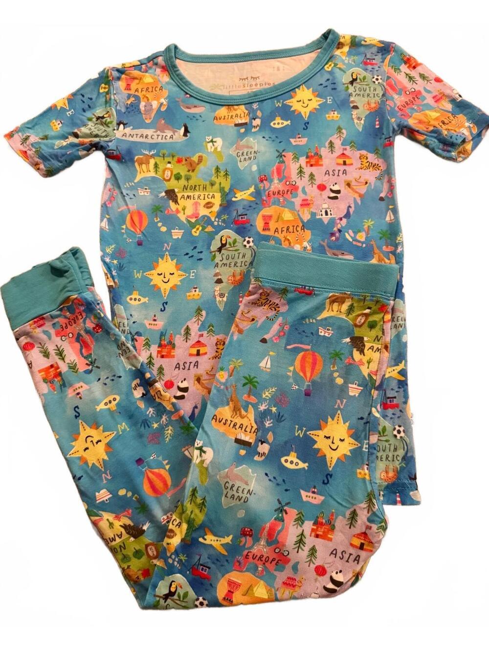 Little Sleepies 4T Kids Map Print Pajama Set with Short Sleeve Top and Pants - Picture 3 of 4